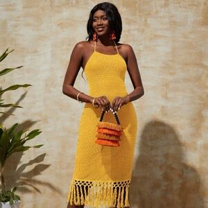 Yellow SHEIN Lace Up Tassel Dress | Size M(6)
